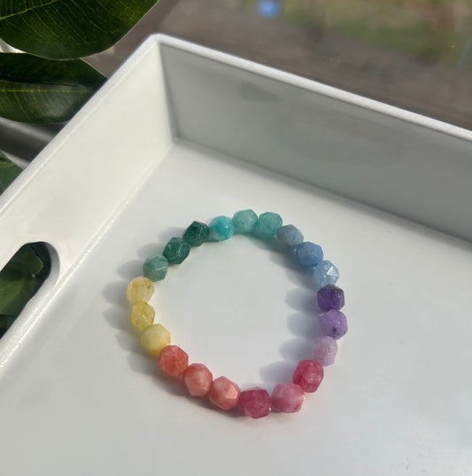 A faceted gemstone beaded bracelet arranged in a rainbow sequence, resting on a white tray with green leaves in the foreground.