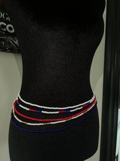 Dominican colored waist beads, red white blue on mannequin