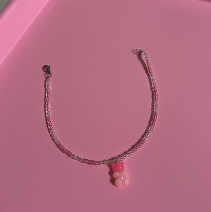 Pink beaded bracelet with gummy bear 