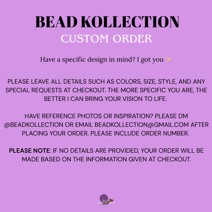 Bead Kollection custom order information on a purple background